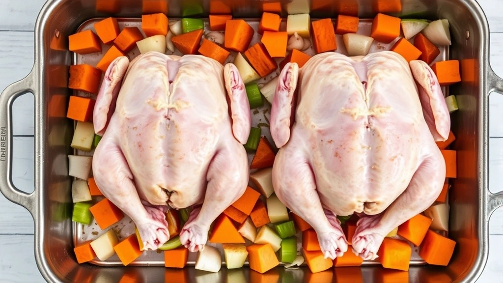 Overhead view of two raw Cornish hens in a roasting pan surrounded by colorful vegetable aromatics including carrots, onions, and celery chunks, ready for oven