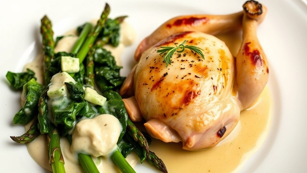 Finished plated Cornish hen dinner with creamed spinach, roasted asparagus, and a small ramekin of herb pan sauce, elegant presentation on white dinnerware