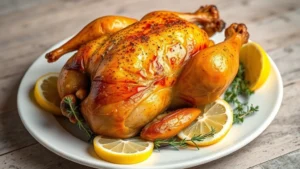 Golden-brown roasted Cornish hen on white plate, garnished with fresh thyme sprigs and lemon wedges, professional food photography studio lighting