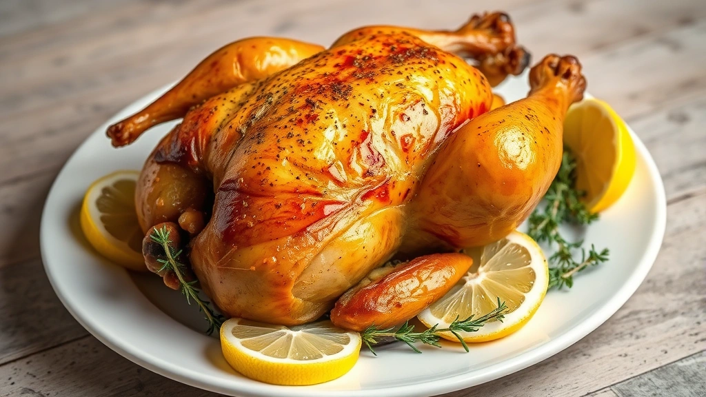 Golden-brown roasted Cornish hen on white plate, garnished with fresh thyme sprigs and lemon wedges, professional food photography studio lighting