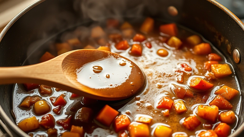 Pan sauce being stirred in roasting pan with wooden spoon, caramelized vegetables and pan drippings visible, steam rising, warm kitchen lighting