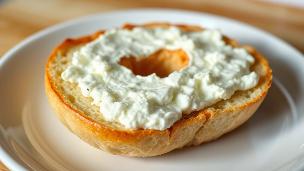 Close-up of a freshly toasted bagel half with creamy cottage cheese spread evenly across its warm, golden-brown surface, showing the characteristic curds of quality cottage cheese, placed on a white ceramic plate with soft morning kitchen lighting