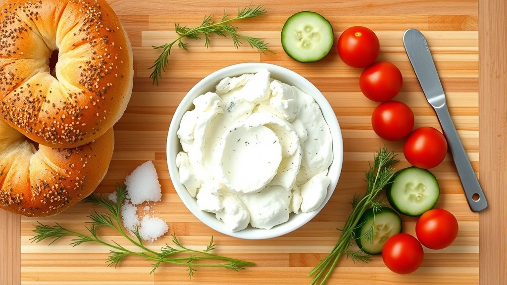 Overhead flat-lay composition of cottage cheese bagel ingredients arranged artfully: fresh whole bagels, small bowl of cottage cheese with visible curds, fresh dill sprigs, sliced cucumber, cherry tomatoes, sea salt, and cracked black pepper on a light wooden cutting board