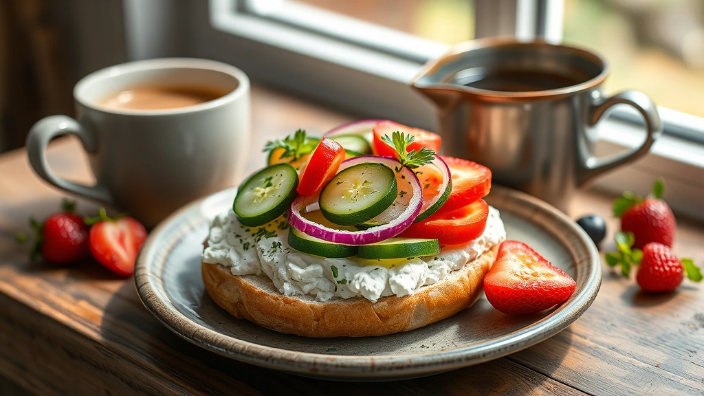 Beautifully plated cottage cheese bagel topped with fresh herbs, thin cucumber slices, tomato wedges, and red onion, served on a rustic ceramic plate with a cup of coffee and fresh berries on the side in natural window lighting