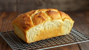 Golden-brown cottage cheese bread loaf cooling on wire rack, steam rising, rustic wooden table background, fresh baked appearance, soft natural lighting
