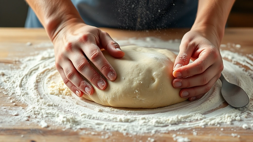 Hands kneading smooth cottage cheese bread dough on floured surface, elastic texture visible, close-up detail of gluten development, flour dust in air