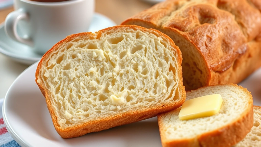 Sliced cottage cheese bread showing tender crumb structure, light fluffy interior, fresh butter melting on warm slice, breakfast setting with coffee cup nearby