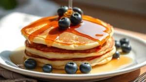 Close-up of fluffy golden-brown cottage cheese pancakes stacked on white plate with fresh blueberries and maple syrup drizzle, steam rising, natural morning light