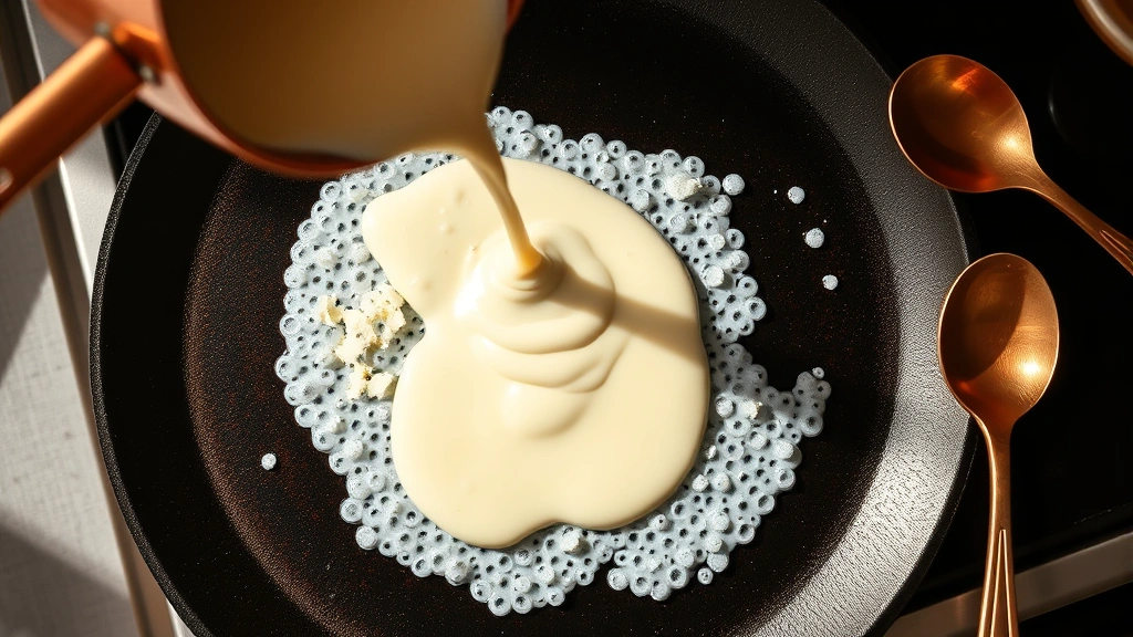 Overhead view of cottage cheese batter being poured onto hot griddle with visible bubbles forming, copper measuring cup, wooden spoon nearby, bright kitchen lighting