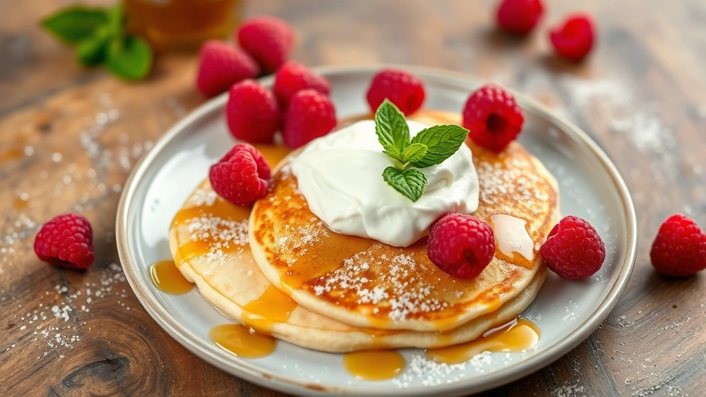 Finished cottage cheese pancakes plated with Greek yogurt dollop, fresh raspberries, honeycomb drizzle, powdered sugar dust, garnished with mint leaf, professional food styling