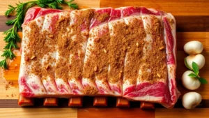 Raw country-style pork ribs seasoned with brown dry rub spices, glistening with oil, arranged on a wooden cutting board with fresh herbs and garlic cloves nearby