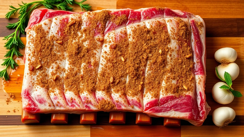 Raw country-style pork ribs seasoned with brown dry rub spices, glistening with oil, arranged on a wooden cutting board with fresh herbs and garlic cloves nearby