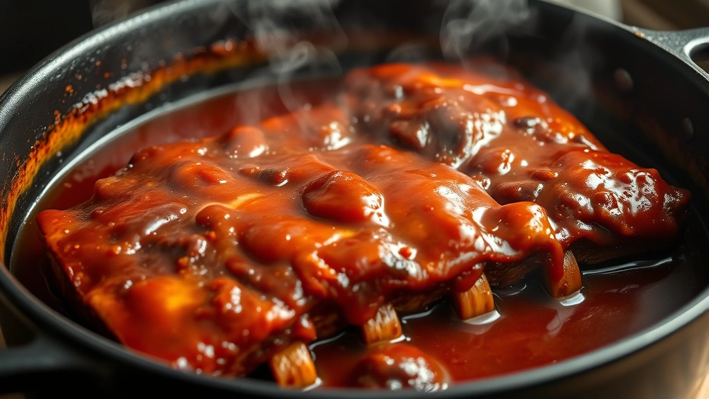 Slow-cooked country ribs in a Dutch oven with glossy caramelized barbecue sauce, steam rising, showing tender meat pulled back from bones