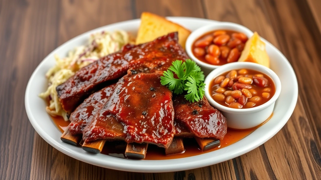 Plated country-style ribs on white ceramic dish with coleslaw, cornbread, and baked beans, garnished with fresh parsley, professional food photography lighting