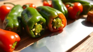 Close-up of fresh green and red jalapeño peppers on wooden cutting board with sharp knife ready for slicing, natural sunlight highlighting pepper skin texture and moisture