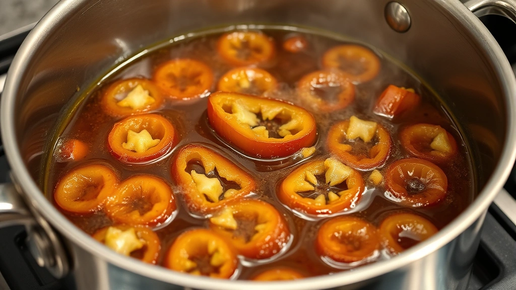 Large stainless steel pot filled with glossy brown sugar syrup and jalapeño rings bubbling gently over medium heat, steam rising, showing the caramelized candy coating developing on peppers