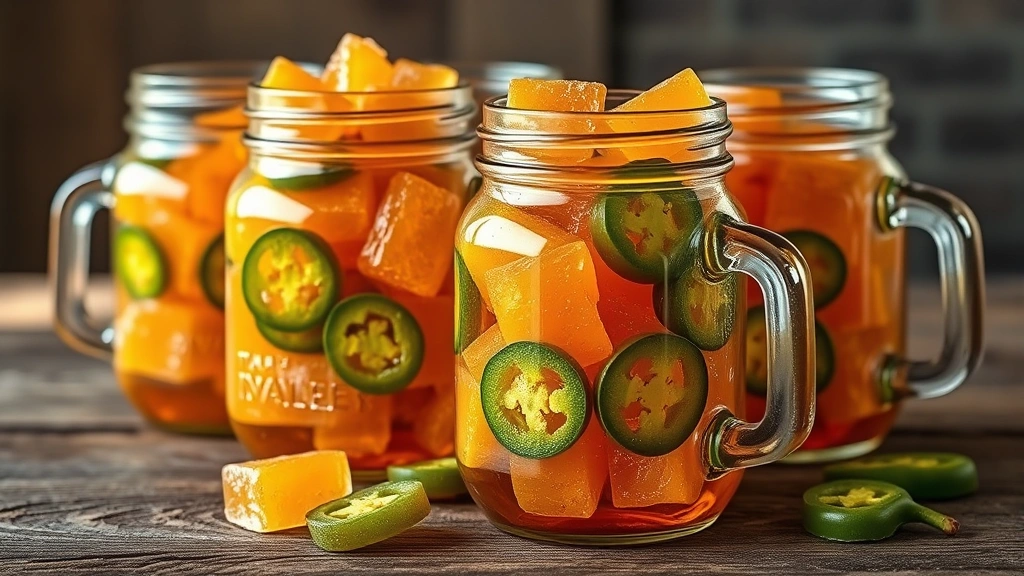 Beautiful glass mason jars filled with finished cowboy candy showing jewel-like translucent amber syrup and vibrant jalapeño slices, arranged on rustic wooden surface with soft natural lighting