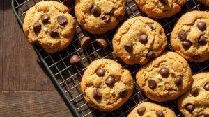 Close-up overhead shot of freshly baked cowboy cookies cooling on a wire rack, golden brown edges, loaded with chocolate chips and toffee bits visible, rustic wooden table background, natural daylight streaming across surface