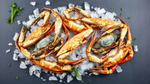 Overhead shot of whole live blue crabs and Dungeness crabs on crushed ice, fresh and glistening with seawater droplets, arranged on a dark slate surface with fresh herbs scattered nearby