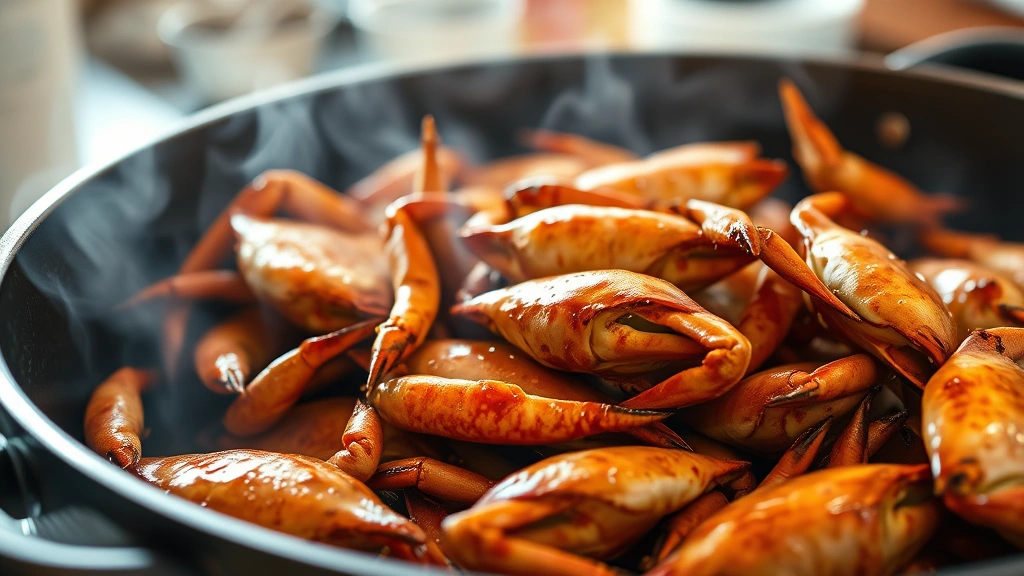 Close-up of golden-brown roasted crab shells in a heavy pot, showing deep caramelization and rich color, steam rising, with blurred kitchen background