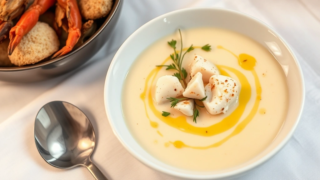 Elegant white bowl of creamy crab bisque garnished with lump crab meat, fresh tarragon, and truffle oil drizzle, placed on white tablecloth with silver spoon, soft professional lighting
