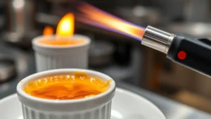 Golden caramelized sugar crust on creamy custard in ceramic ramekin, torch flame visible in blurred background, professional kitchen setting