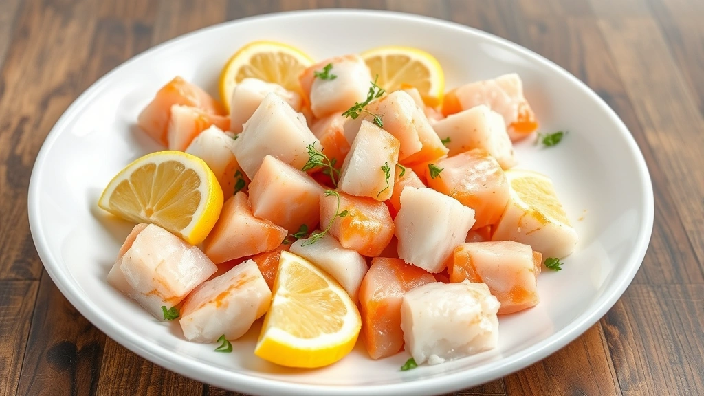 Fresh jumbo lump crab meat pieces scattered on white plate with lemon wedges and microgreens, natural lighting highlighting meat's natural color