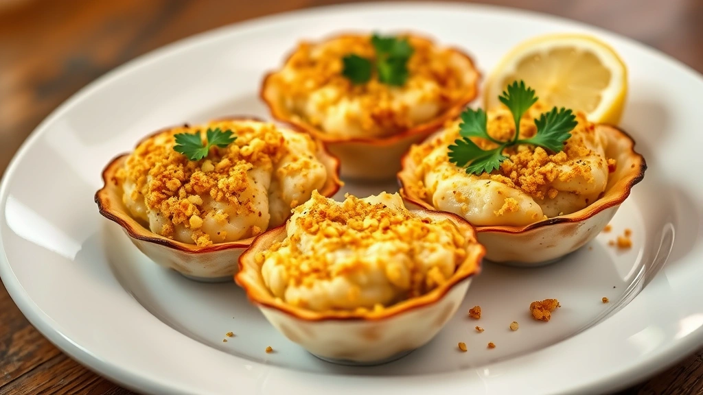 Golden-brown baked crab imperial in individual scallop shells on a white plate, topped with crispy panko breadcrumbs, garnished with fresh parsley and a lemon wedge