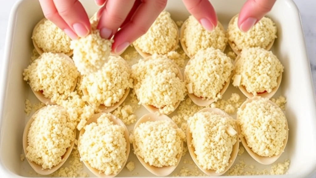 Hands sprinkling buttered panko breadcrumb mixture over filled crab imperial shells in a baking dish, showing the even distribution of the topping before baking