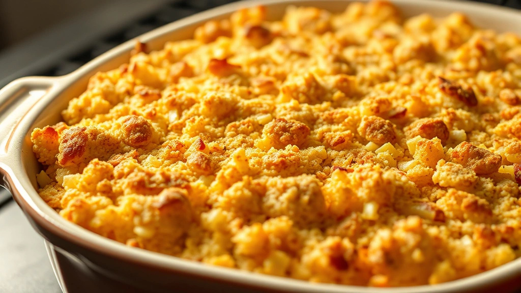 Golden-brown baked hashbrown casserole with crispy buttered breadcrumb topping in ceramic baking dish, steam rising, fresh from oven