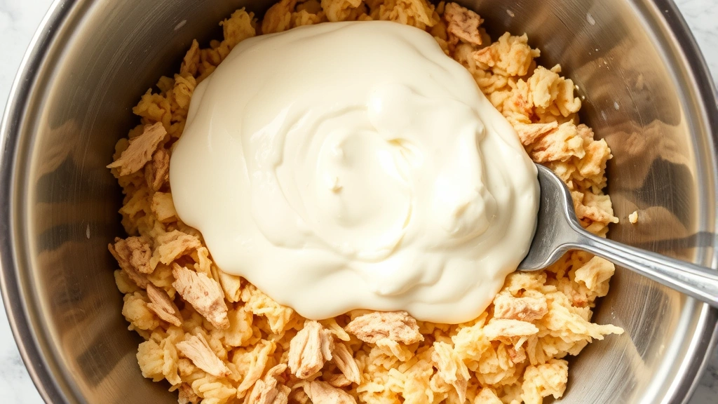 Close-up overhead view of creamy sour cream and cheese mixture being folded into thawed hashbrowns with shredded chicken in stainless steel bowl