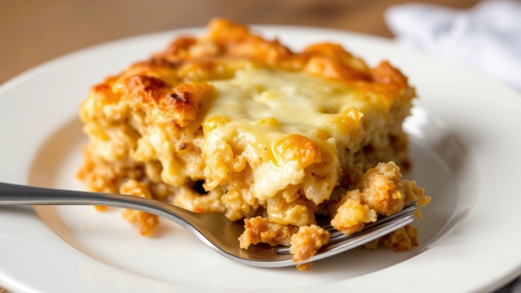 Perfectly plated serving of warm hashbrown casserole on white plate with melted cheese visible and golden edges, fork resting beside