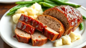 Perfectly sliced Cracker Barrel-style meatloaf with glossy brown sugar glaze, showing tender pink interior, plated with creamy mashed potatoes and green beans on a white ceramic plate
