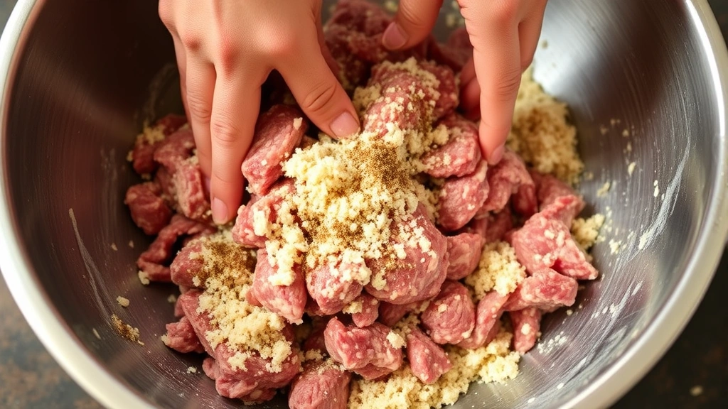 Hands mixing raw ground beef and pork with breadcrumb panade mixture in large stainless steel bowl, showing proper gentle folding technique with visible seasoning distribution
