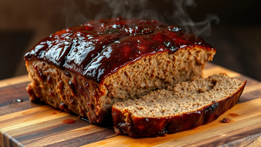 Finished meatloaf fresh from oven with caramelized dark brown glaze coating top and sides, steam rising, positioned on rustic wooden cutting board ready to slice