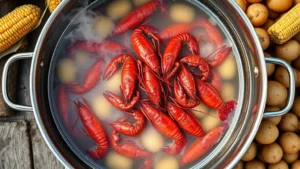 Overhead shot of live crawfish in large stainless steel pot with boiling water, steam rising, vibrant red color, fresh corn and potatoes visible around edges, rustic outdoor setting