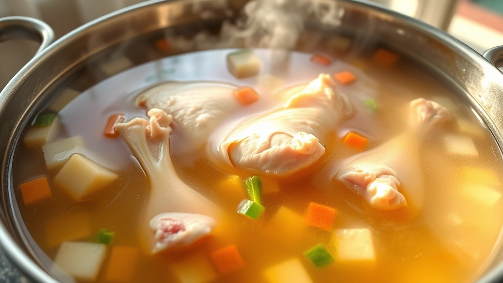 Close-up of simmering chicken stock in large pot showing clear golden liquid with floating vegetables and chicken bones, steam rising, natural kitchen lighting through window