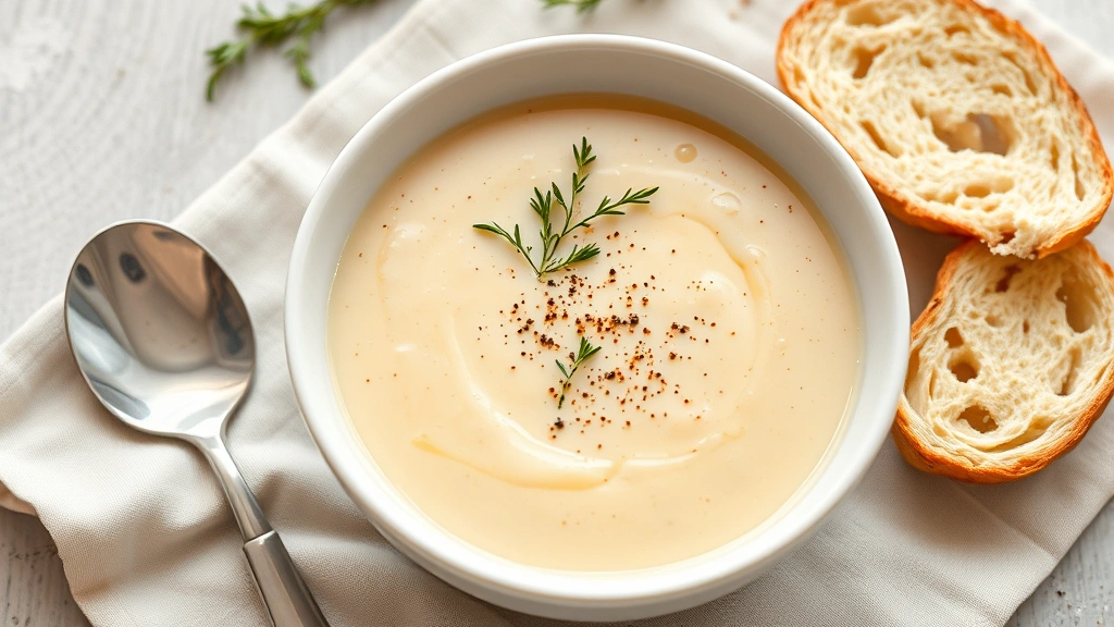 Finished cream of chicken soup in elegant white bowl garnished with fresh thyme and cracked black pepper, creamy texture visible, with spoon and bread beside it on linen napkin