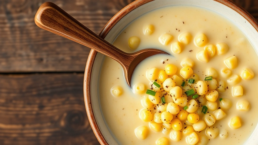 Overhead shot of a ceramic bowl filled with creamy corn kernels in rich butter sauce, garnished with fresh chives and cracked black pepper, wooden spoon resting on the rim, rustic wooden table background