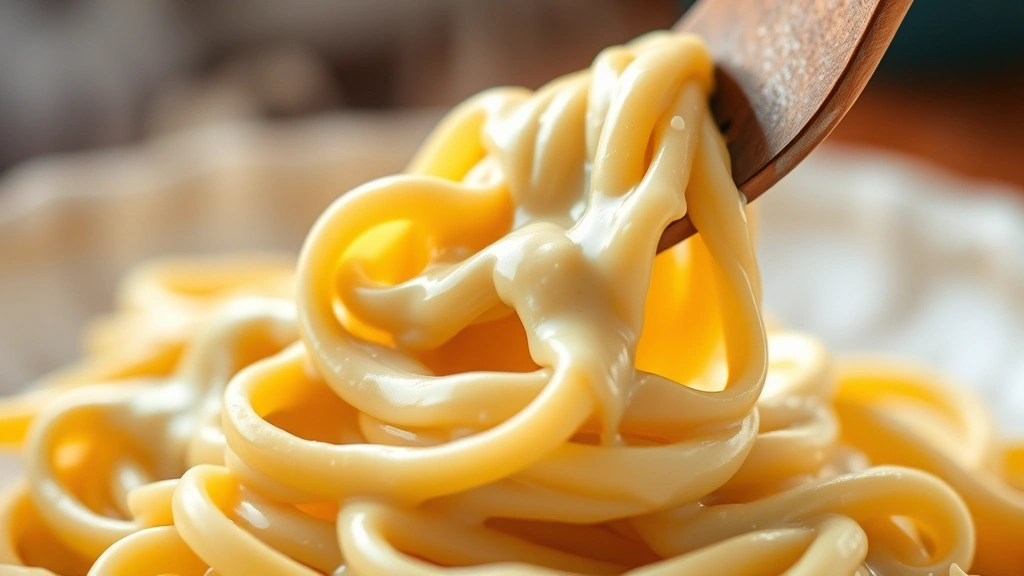 Close-up of silky cream sauce coating fresh fettuccine pasta, steam rising, creamy texture visible, wooden fork twirling pasta, warm lighting, shallow depth of field