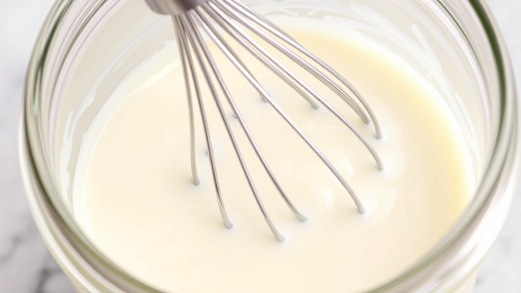 Close-up of heavy cream being whisked with buttermilk in a clear glass jar, showing the initial mixing stage with visible liquid texture and a whisk suspended in the mixture
