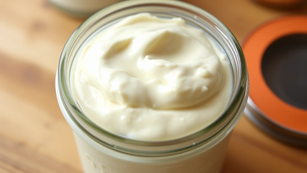 Finished creamy crème fraîche in a glass jar after fermentation, displaying thick, smooth texture with slight dimples on surface, photographed with natural kitchen lighting