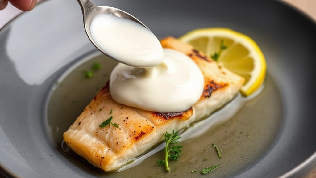 Elegant plating of crème fraîche being spooned onto a pan-seared fish fillet with fresh herbs and lemon, showing the luxurious dollop melting slightly on hot food