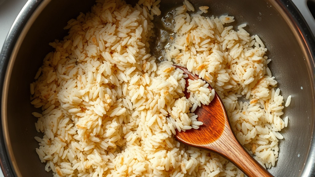 Overhead view of rice crisping in a stainless steel skillet with visible steam and golden-brown clusters forming, oil shimmering, wooden spoon stirring, professional kitchen lighting, action shot