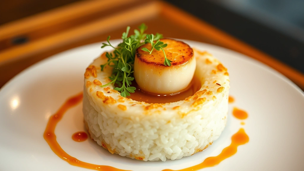 Plated elegant presentation of crispy rice cake formed in ring mold topped with seared scallop and microgreens, garnished with sesame seeds and sauce drizzle, fine dining restaurant style photography, soft studio lighting