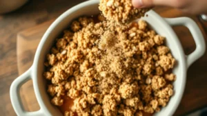 Close-up overhead shot of golden-brown crumble topping being sprinkled over fresh apple filling in ceramic baking dish, showing texture detail with butter crumbles and oats visible, warm kitchen lighting