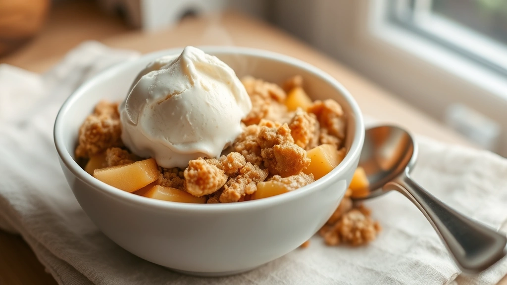 Finished warm apple crumble dessert in white bowl with vanilla ice cream melting on top, steam rising, wooden spoon beside it, soft natural window light, inviting homestyle presentation