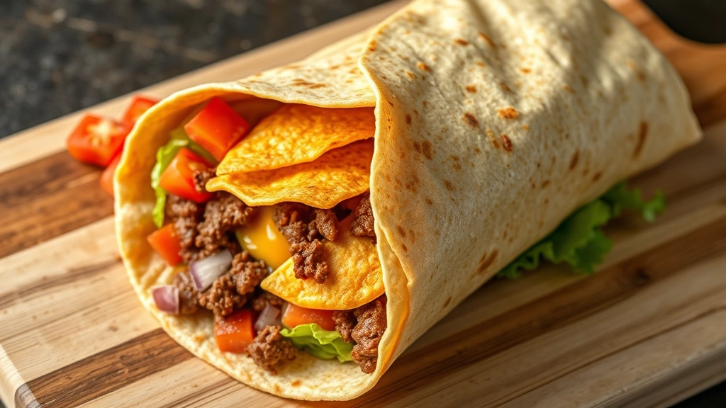 Close-up overhead shot of a fully assembled crunchwrap supreme on a wooden cutting board, showing all visible layers including golden tortilla, seasoned beef, melted cheese, crispy tortilla chips, fresh lettuce, diced tomatoes, and red onions, with warm natural lighting and slight steam rising