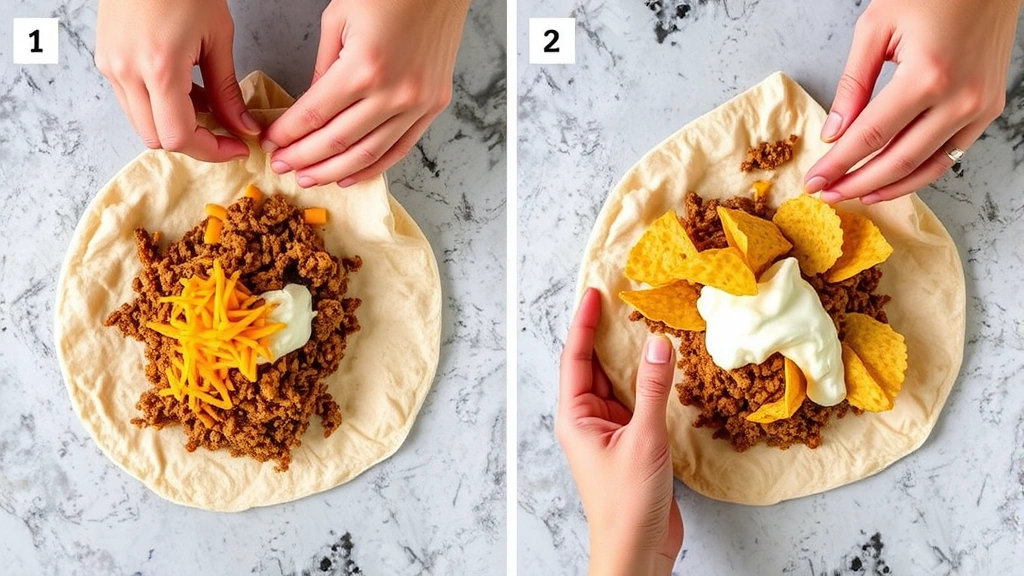 Step-by-step assembly process showing hands folding a flour tortilla containing seasoned ground beef, nacho cheese sauce, sour cream, and crispy tostada shells into a triangular packet, photographed from above with bright kitchen counter lighting