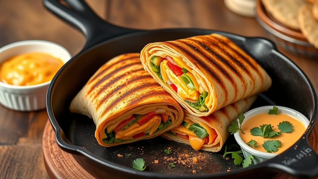Golden-brown grilled crunchwrap supreme fresh from a cast iron skillet, cut diagonally in half to reveal the colorful cross-section of all interior layers, with a small white bowl of nacho cheese sauce and fresh cilantro garnish nearby